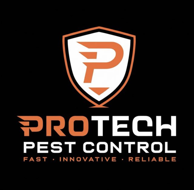 Protech Pest Control logo: orange and white shield with a P